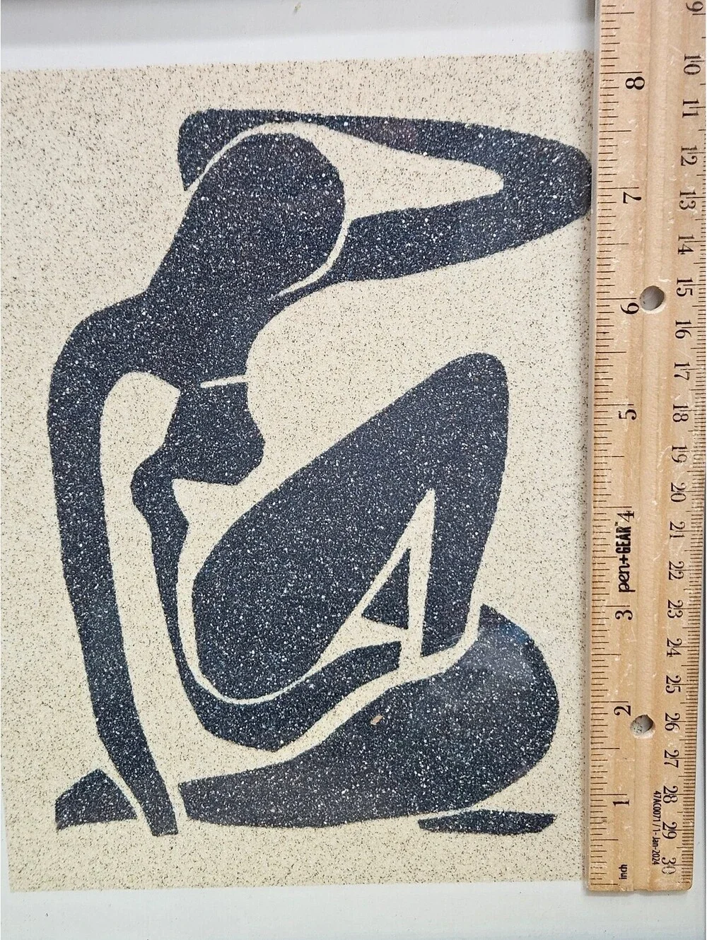 Vintage Framed Matisse Style Black Seated Female Silhouette Textured Sand Art